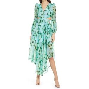 RAHI Green Blue Tie Dye Cut Out Maxi Dress Long Sleeve High Low Hem Size M